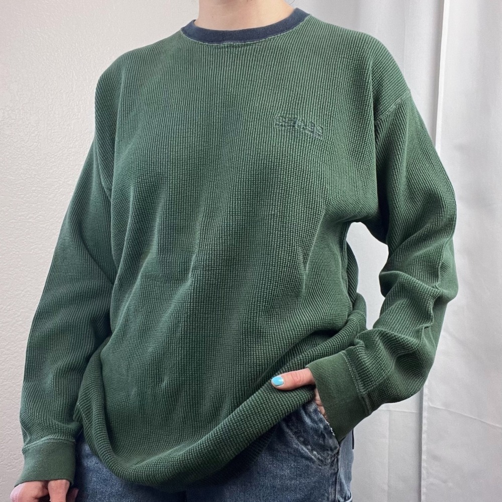 Vintage Y2K Chaps Ralph Lauren Sweater Large Green Waffle Knit Thermal Grunge
